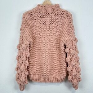 Womens Oversized Chunky Knit Bubble Sleeve Pullover Sweater Sz L Peach Pink